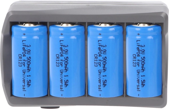 Actual product image AccuCell CR123 charger for 4x CR123A, CR123R without rechargeable batteries, quadruple CR123 charger (not (4 pcs., RCR123A, Chargers without battery)