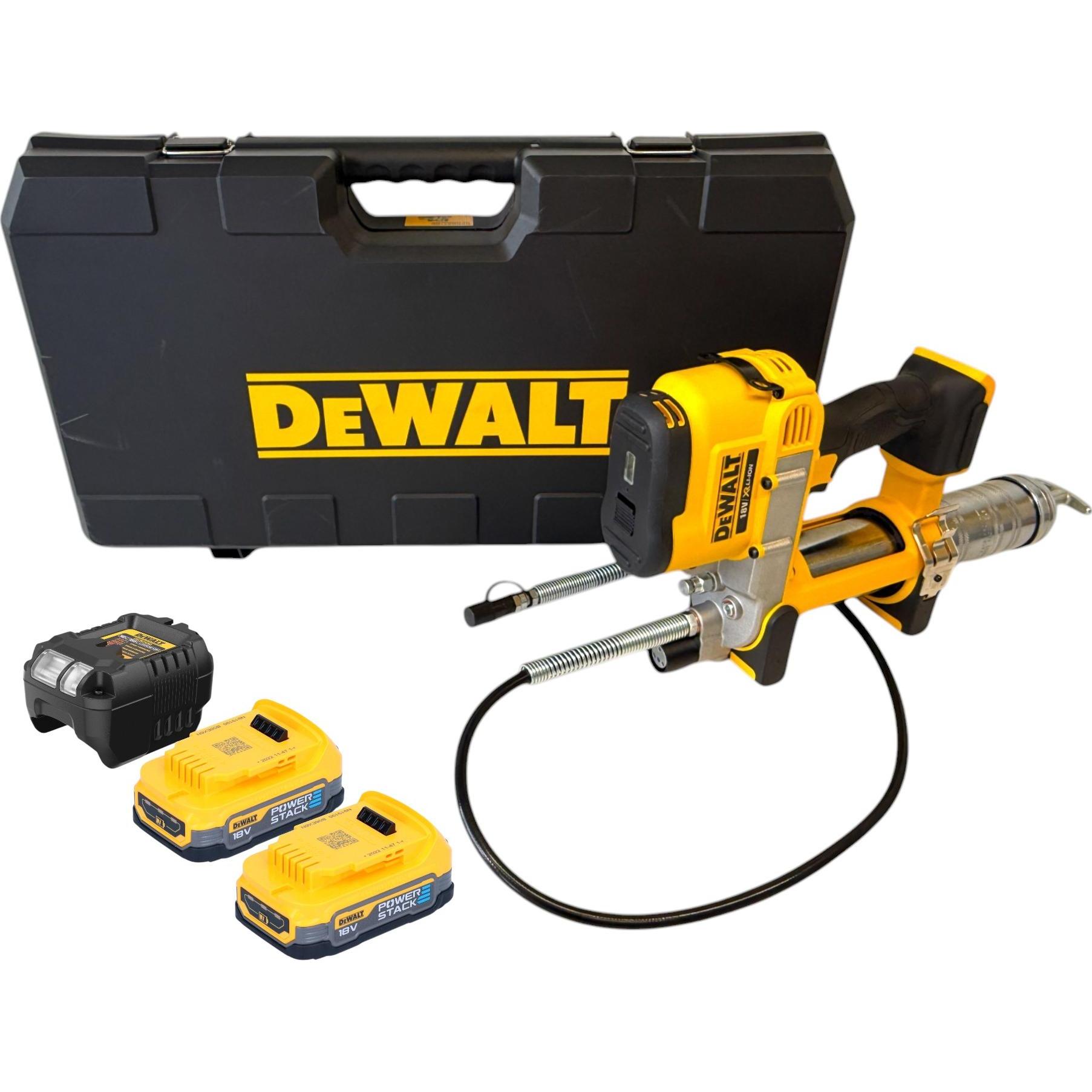 DeWalt, Kartuschenpistole + Fettpresse, DCGG 571 E2K Akku Fettpresse 18 V + 2x Powerstack Akku 1,7 Ah + Ladegerät