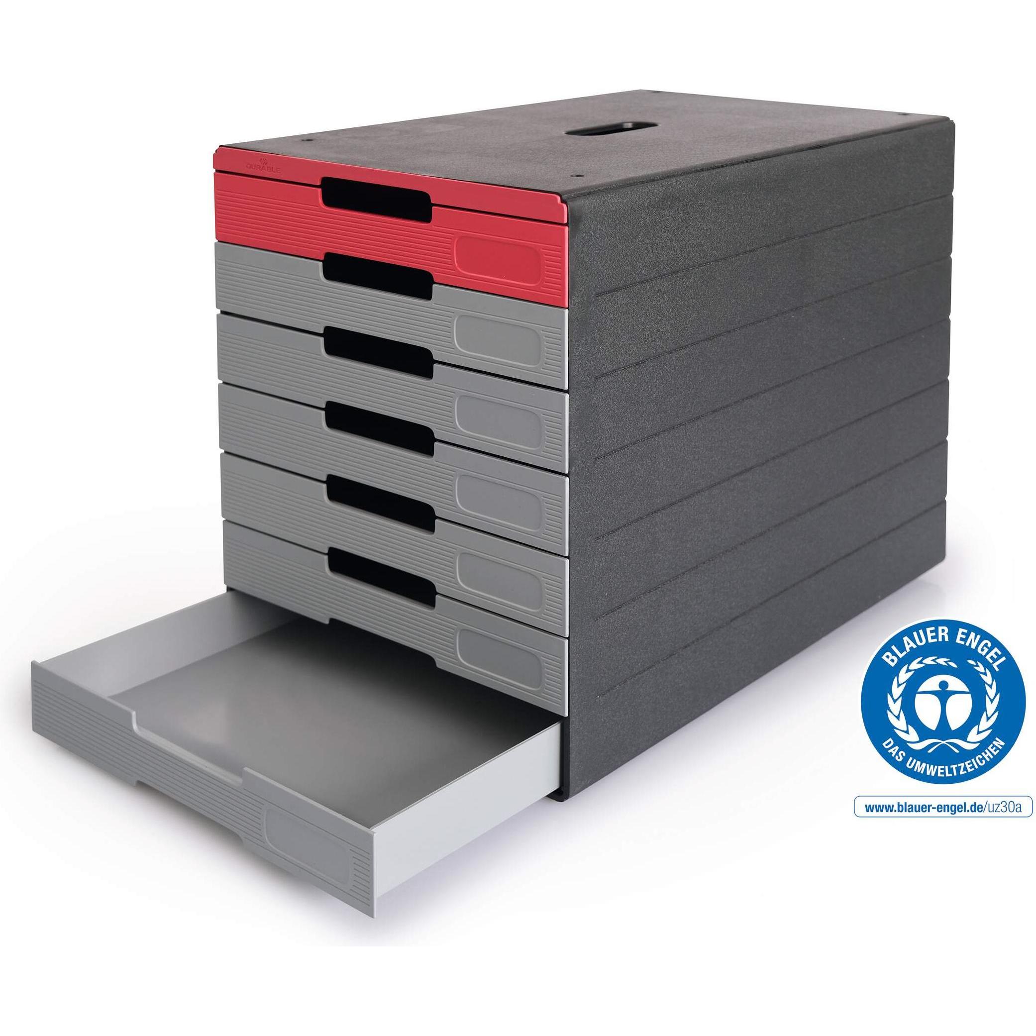 Durable, Dokumentenablage, Schubladenbox IDEALBOX PLUS grau/rot 776303, DIN C4 mit 7 Schubladen (A4, C4)
