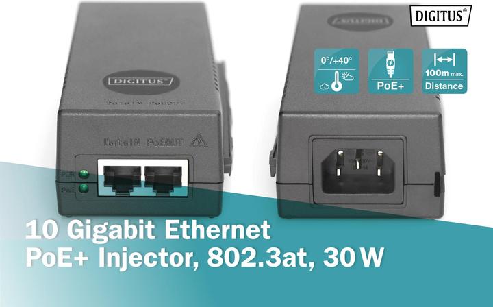 Produktbild Digitus 10 Gigabit Ethernet PoE+ Injektor, 802.3at, 30 W (802.3af (PoE), 802.3at (PoE+), 30 W)