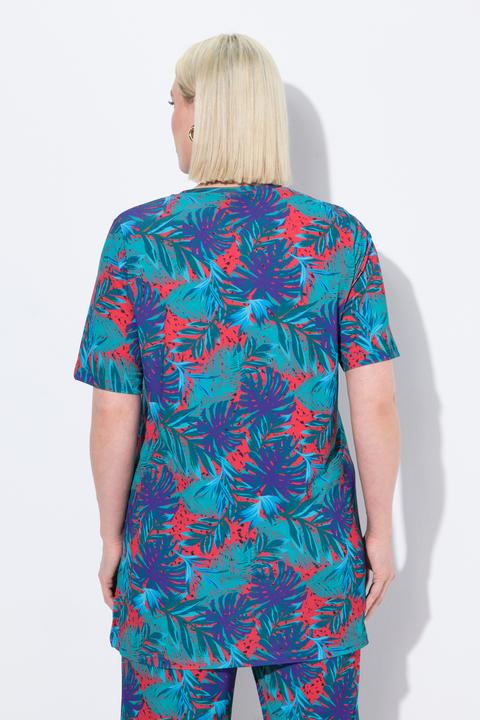Image du produit Ulla Popken T-shirt long imprimé palmiers, manches courtes et col V, coupe évasée (58)