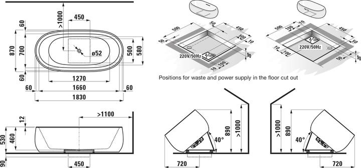 Actual product image Laufen Il Bagno Alessi One bathtub, whirlpool system, freestanding with skirt, 1830x870x460mm, witho (240 l, 183 cm, 87 cm)