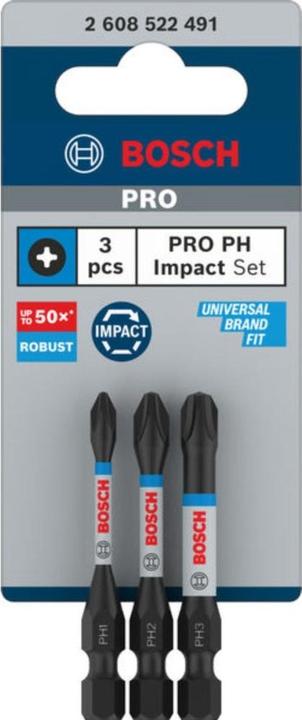 Produktbild Bosch Professional Zubehör PRO Phillips Impact Bit, PH1x55, PH2x55, PH3x55 mm, 3-tlg. (Schraubschlitz, Sechskant (hexagonal))