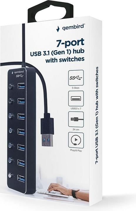 Actual product image Gembird 7-port USB 3.1 Gen 1 HUB with switches black (USB-A, 7 ports)