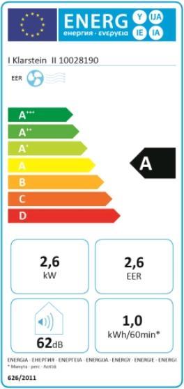 Label énergétique Klarstein Metrobreeze 9 New York City Climatiseur mobile Blanc (40 m², 9000 BTU/h)