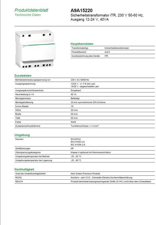 Produktbild Schneider Electric Schneidtransformator Sicherheit 23024V 40VA iTR (A9A15220)