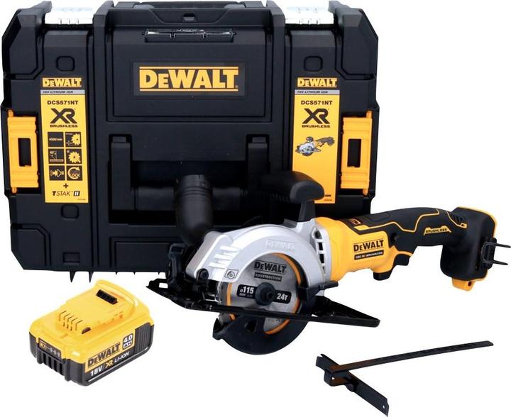 Actual product image DeWalt DCS 571 Battery hand-held circular saw 18 V 115 mm Brushless + 1x battery 4.0 Ah + TSTAK - without