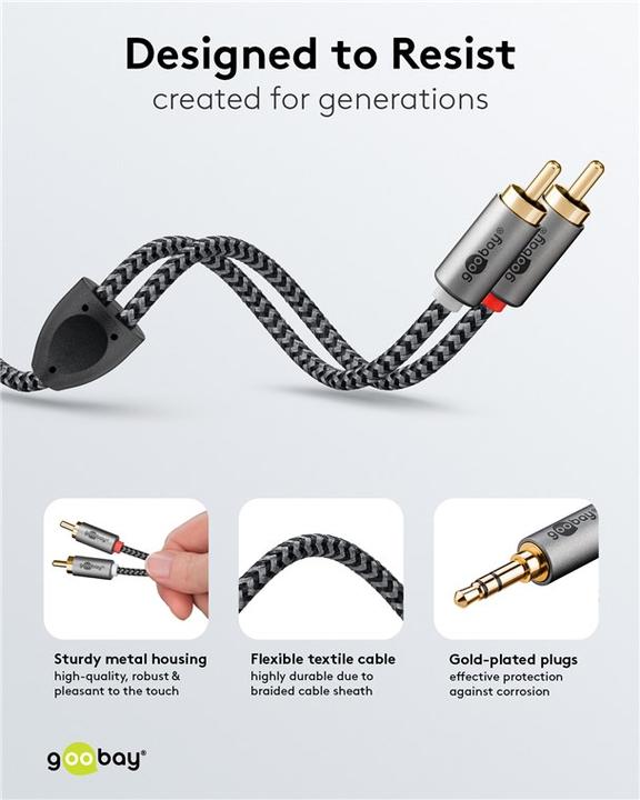 Produktbild Goobay Audio Adapterkabel AUX, 3,5-mm-Klinke zu Stereo-Cinch-Stecker, 0,5 m, Sharkskin Grey (0.50 m, 3.5mm Klinke (AUX), Cinch)