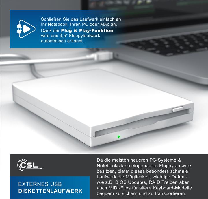 Actual product image CSL USB floppy drive external, USB floppy drive FDD 1,44MB (3,5) for PC & MAC, white (floppy disk drive)