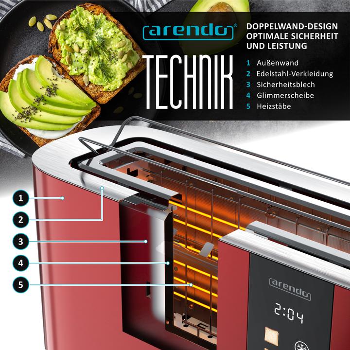 Image du produit Arendo Toaster Edelstahl 2 Scheiben Langschlitz, Touch Display, Bräunungsgrad & Restzeitanzeige, 1000 W