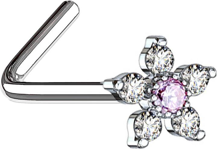 Immagine prodotto Star Piercing Nasenstecker gewinkelt silber Blume mit Kristall pink und silber (Ottone, Acciaio chirurgico 316L)