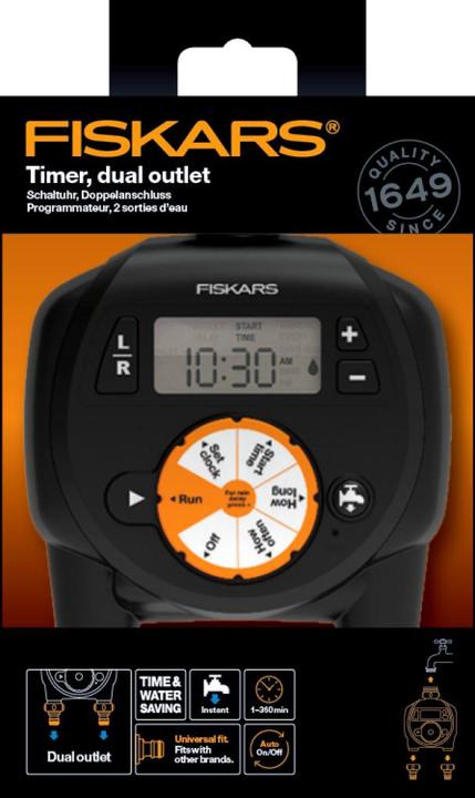 Produktbild Fiskars Zeitschaltuhr/Timer mit 2 Ausgängen, Für alle gängigen Wasserhahngrössen, Leicht ablesbares L (Bewässerungsuhr)