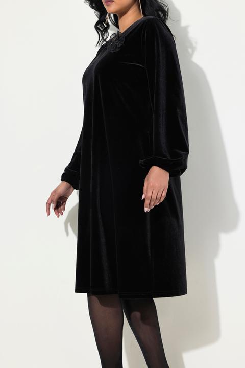 Produktbild Ulla Popken Samtkleid, Brosche, A-Linie, V-Ausschnitt, Langarm (46, 48)