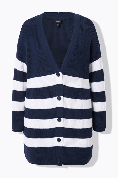 Produktbild Ulla Popken Strickjacke, Streifen, Boxy, V-Ausschnitt, Rollkanten (56)