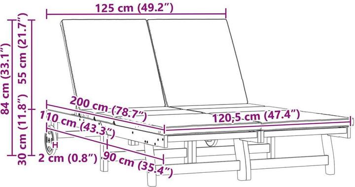 Produktbild VidaXL Doppel-Sonnenliege mit Rädern und Kissen aus stabilem Akazienholz (125 cm)