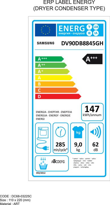 Energie-Label Samsung DV90DB8845GHU2 (9 kg, Rechts, Wechselbar)
