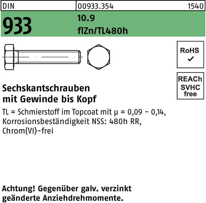 Actual product image Reyher Hexagon head screw DIN 933 VG M 24 x 40 10.9 zinc coated lubricant flZnnc 480h-L (25 Screws per piece)