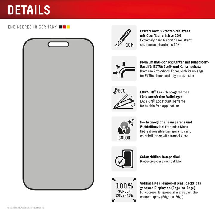 Nährwerte und Zutaten Displex Privacy Glass, Privacy Full Cover Panzerglas (1 Stück, Apple iPhone 16 Plus)