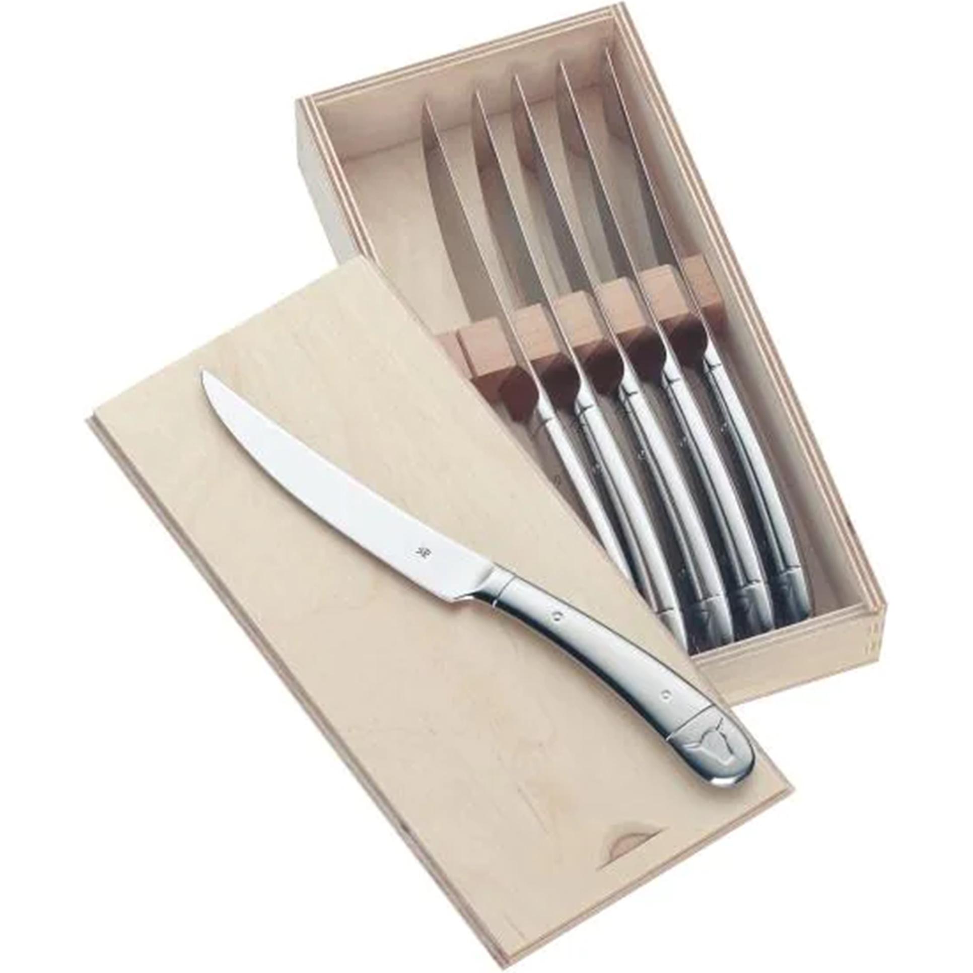 WMF Steakmesser Set 6tlg Pizzamesser Wellenschliff Spezialklingenstahl Holzbox, Besteck, Silber