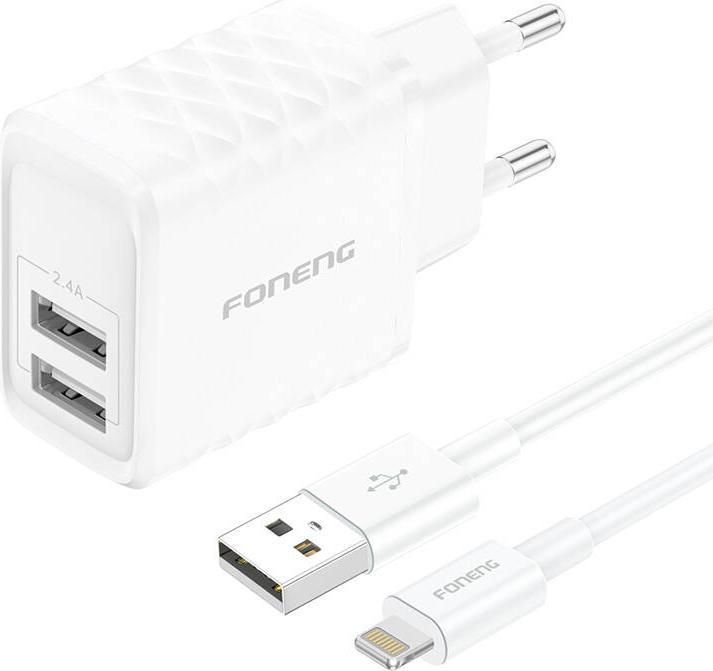 Actual product image Foneng EU53 2xUSB-A, 2.4A network charger (White) + USB-A toLightning cable (20 W, 2 ports)