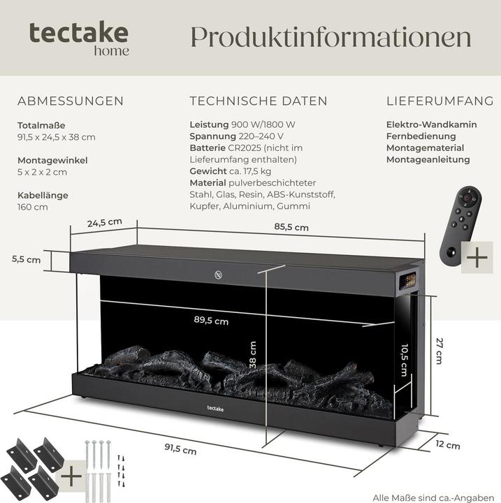 Image du produit tectake Elektro-Wandkamin Luciano, 2 Heizstufen, Flammeneffekt, App