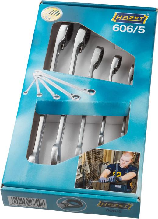 Actual product image HAZET Ratcheting combination wrench set 606/5 ∙ Outside 12-point traction profile ∙ 8 - 19 ∙ Number… (8 mm, 10 mm, 13 mm, 17 mm, 19 mm)