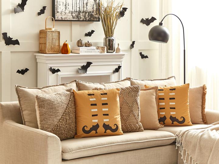 Actual product image Beliani Lumarko Velour Decorative Cushion with Witch Boots Motif 45 x 45 cm orange COVASNA. (45 x 45 cm)