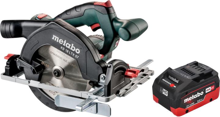 1x Metabo KS 18 LTX 57 cordless portable circular saw, 1x carbide circular saw blade (18 teeth), 1x rip fence, 1x hexagon spanner, 1x Metabo LiHD battery pack 18 V 8.0 Ah Li-Ion battery