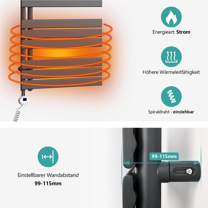 Produktbild Emke Elektrischer Handtuchwärmer mit Heizstab und Timer, Anthrazit 1320x400mm 600W (600 W)