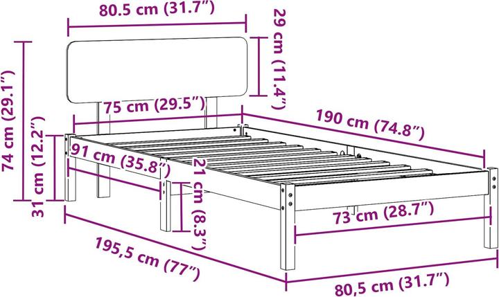Actual product image vidaXL Holz-Bettgestell (75 x 190 cm)