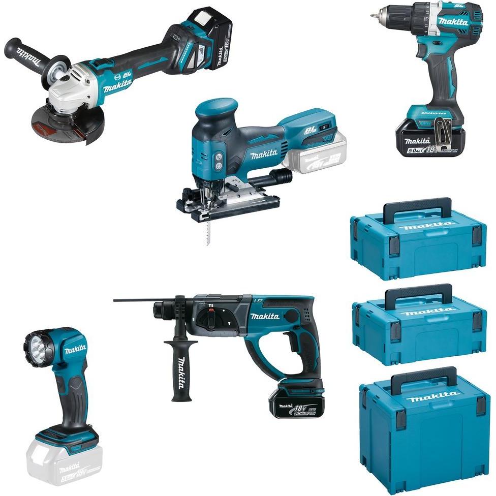Makita, Elektrowerkzeug Set, Kombinationsset 18V DDF484+DGA513+DHR202+DJV181+DML802
