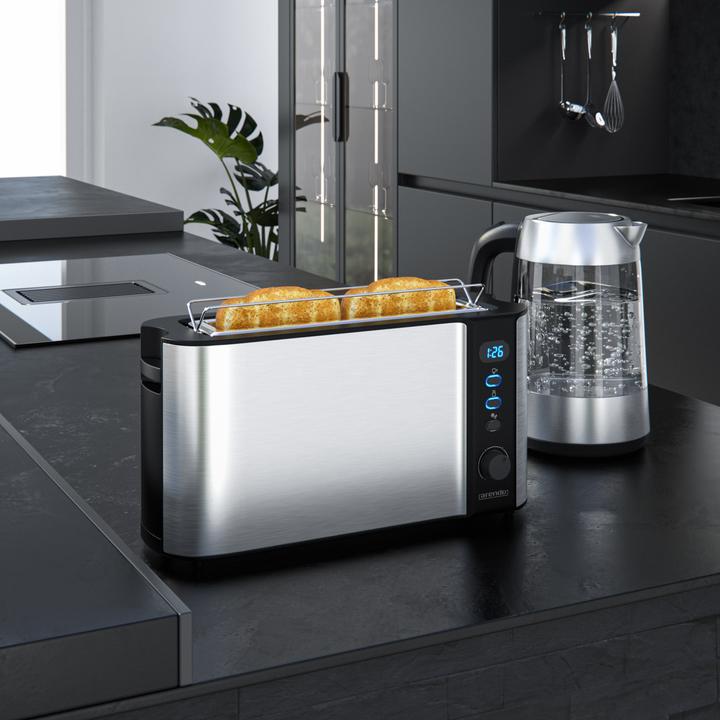 Produktbild Arendo Frühstücks Set, Glas Wasserkocher 1,7l, 2-Scheiben Langschlitz Toaster mit Brötchenaufsatz, Silber (1.70 l)