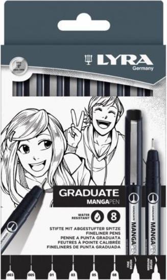 Lyra Graduate Manga Set, 8 Pens, Assorted Sizes, Fineliner, Water Resistant, Drawing & Illustration (8x)