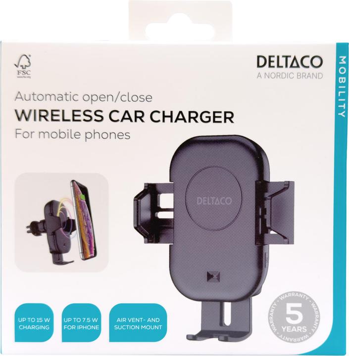 Productafbeelding Deltaco Wireless car charger | 15 W | automatic open and close | dual mounts | black