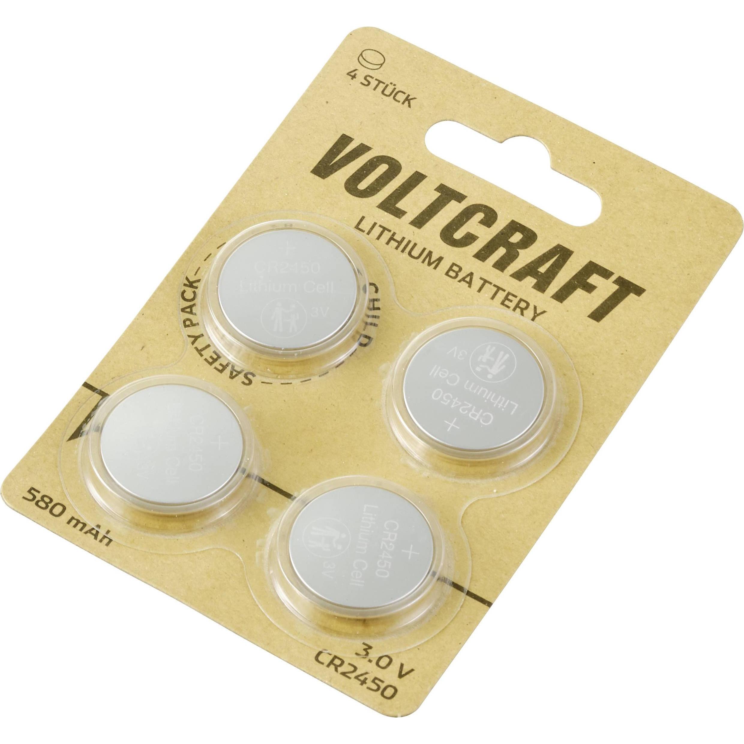 Voltcraft CR2450 Pila a bottone CR 2450 Litio 580 mAh 3 V 4 pz. (4 pz., CR2450, 580 mAh), Batterie + pile