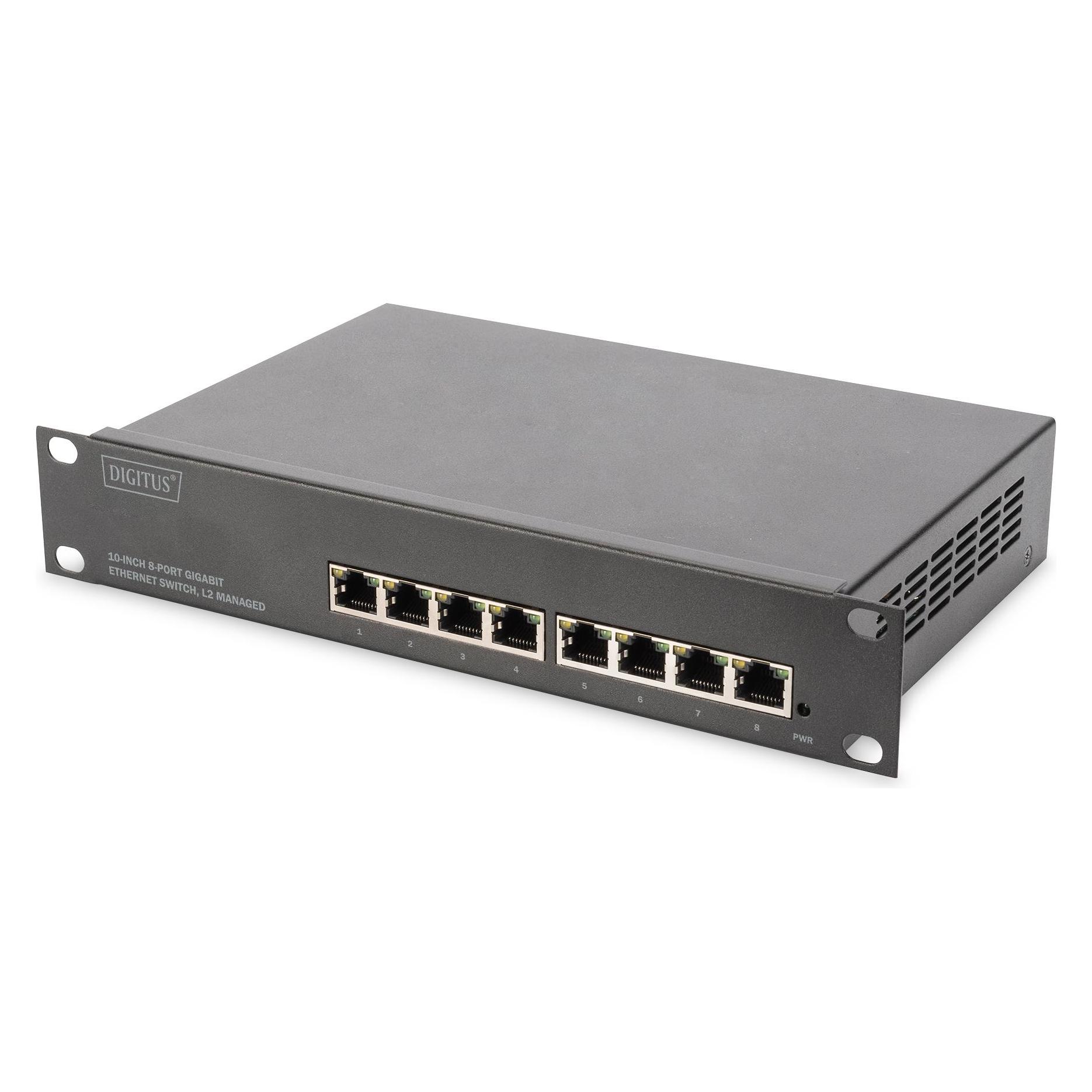 Digitus 10 Inch 8-poorts Gigabit Ethernet Switch, L2+ Managed (8 ports), Netwerkschakelaar, Zwart