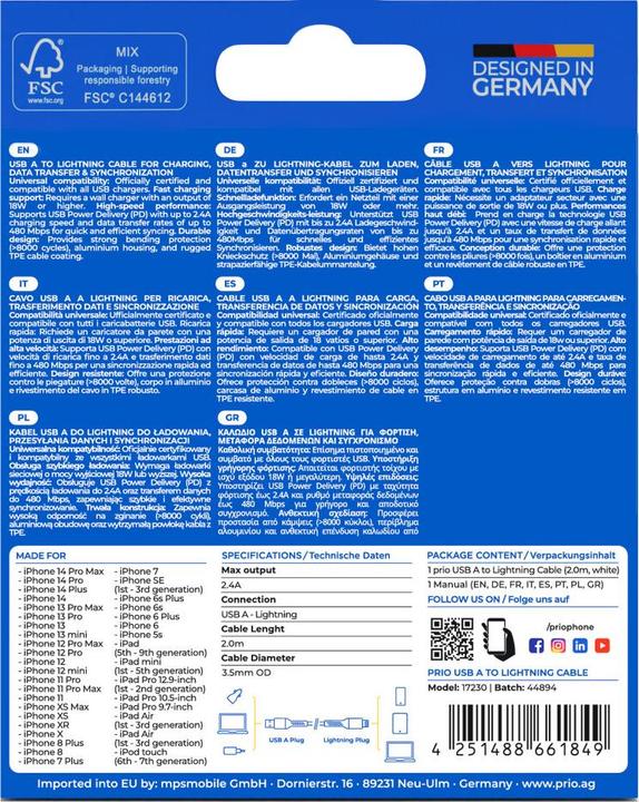 Actual product image prio Charge & Sync USB A to Lightning Cable Mfi certified 2m white (2 m)