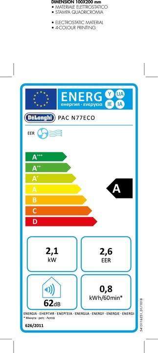 Energie-Label De'Longhi PAC N77 ECO (30 m², 8200 BTU/h)