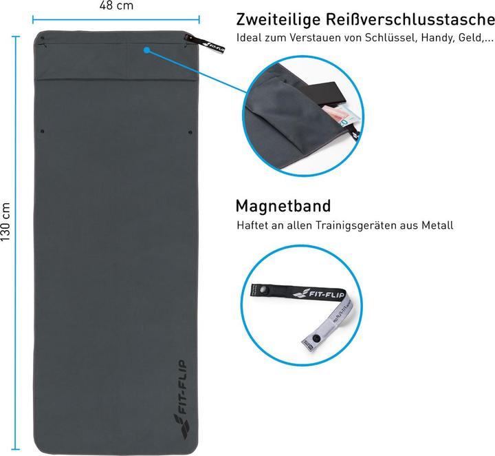 Immagine prodotto Fit-Flip Fitnesshandtuch Mikrofaser mit Reissverschlusstasche 130x48cm (130 x 48 cm)