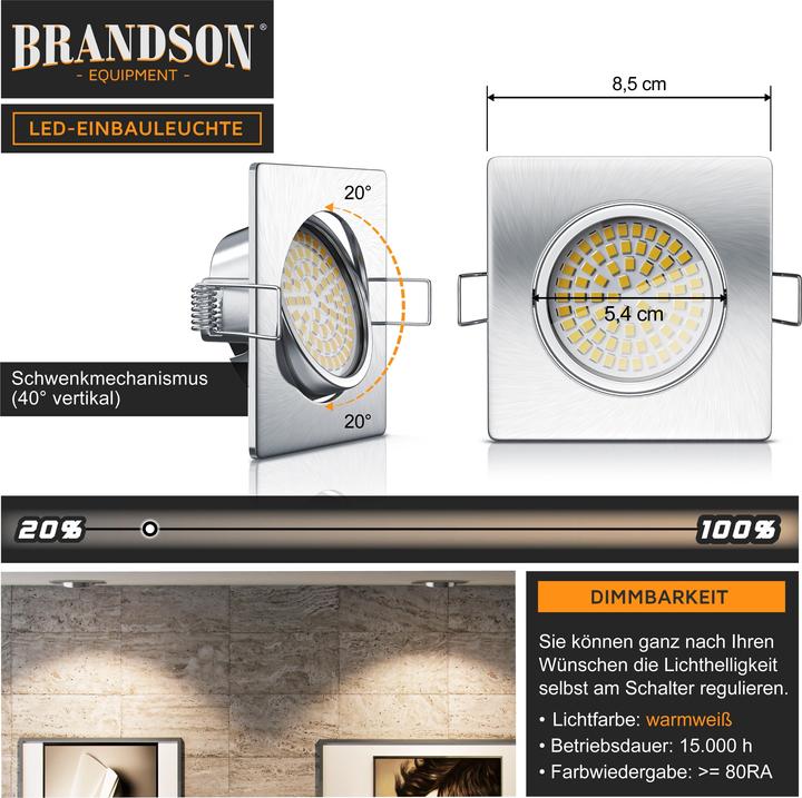 Produktbild Brandson 10x LED Einbaustrahler, schwenkbarer Deckenspot, Edelstahl, 320 Lumen, Deckenstrahler Warmweiss (320 lm)