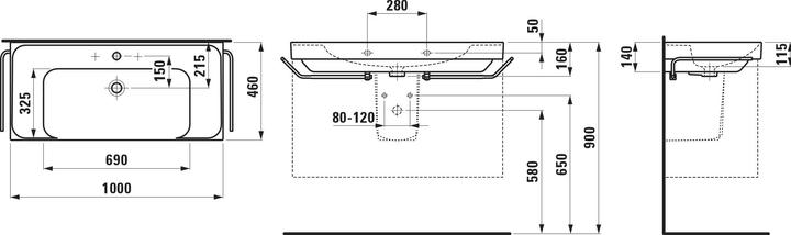 Actual product image Laufen Meda washbasin, undermountable, 1000x460mm, shelf on both sides, 1 tap hole, with overflow (460 mm, 1000 mm)