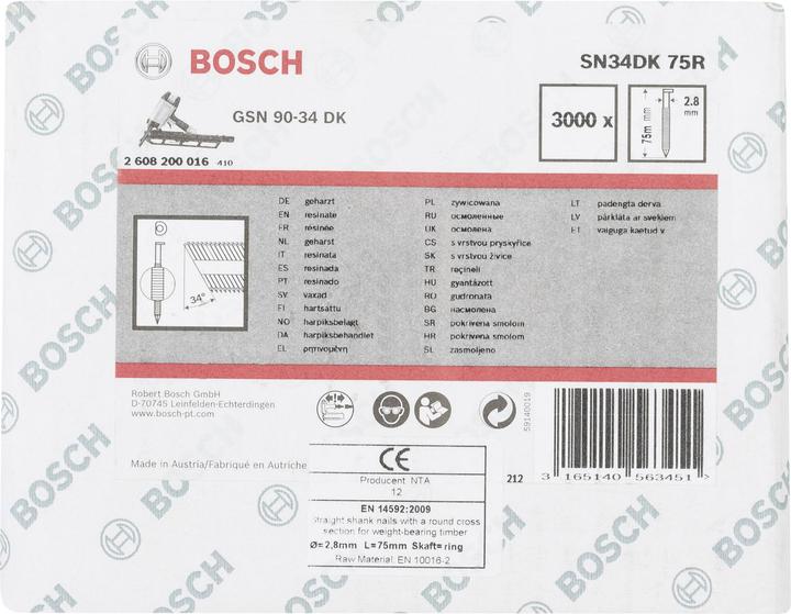 Nutritional values and ingredients Bosch Professional Zubehör D-head strip nail SN34DK 75R, 2.8 mm, 75 mm, blank, grooved
