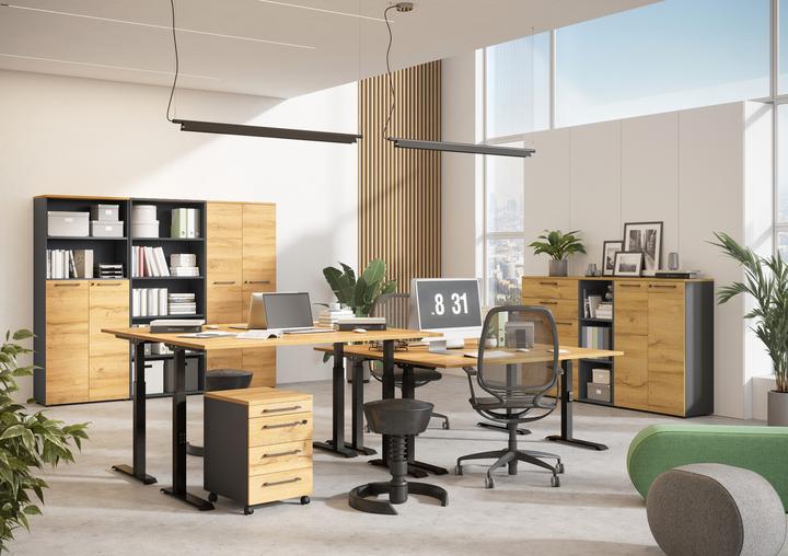 Produktbild Germania JET höhenverstellbarer Schreibtisch grandson-eiche rechteckig, T-Fuss-Gestell schwarz 160,0 (160 x 72 cm)