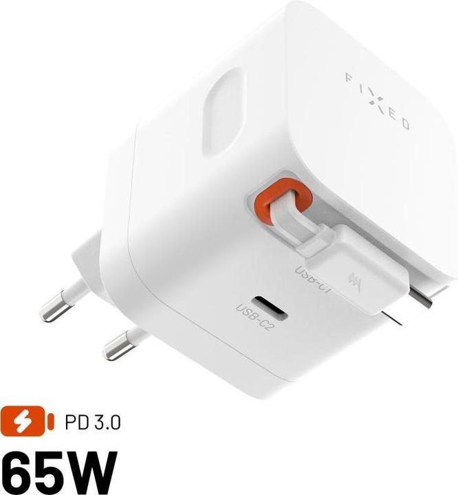 Produktbild Fixed GaN Netzladegerät mit 2xUSB-C Unterstützung PD 3.0 mit selbstaufwickelndem Kabel 65W weiss (65 W, 2 Ports)