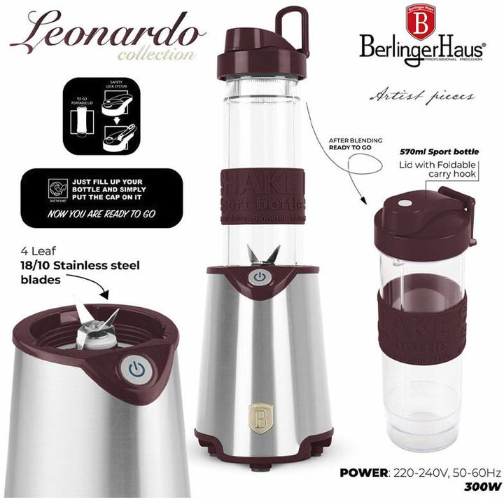Actual product image BerlingerHaus Design blender incl. sports bottle 570ml, 300 W, bordeaux (300 W)