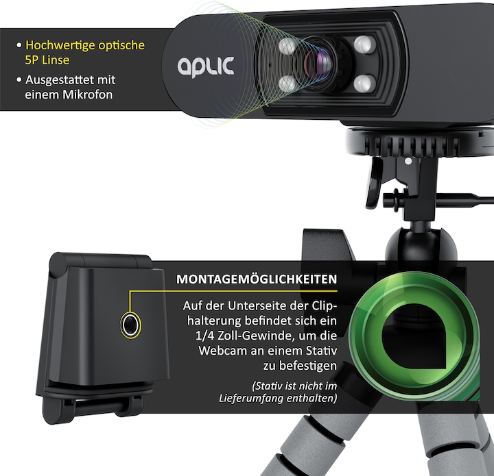 Produktbild Aplic Full HD Webcam mit Mikrofon, 1920x1080P @ 25 Hz, 4 Hilfslichter / Szenelicht, 5P Linse, für PC MAC