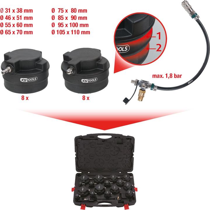 Actual product image KS Tools Turbo system pressure tester kit with stepped adaptor, 17 pcs
