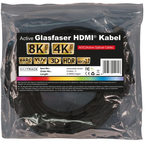 Productafbeelding Transmedia HDMI glasvezelkabel (HDMI 2.1, 8k@60Hz, eARC) (50 m, HDMI)