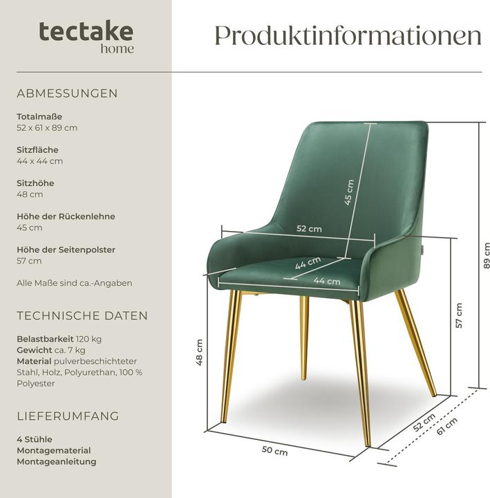 Image du produit tectake Chaise rembourrée Avane, aspect velours, charge maximale 120 kg