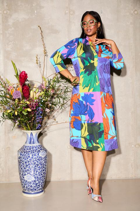 Actual product image Ulla Popken Patchwork Leaf Print 3/4 Sleeve Dress (60)